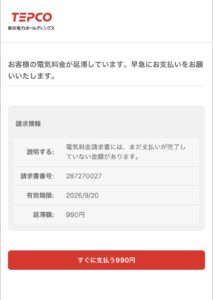 東京電力を装い電気料金の延滞額990円の支払いを求める画面