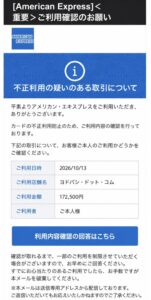 アメリカン・エキスプレスを名乗るご利用確認メールの画像。ヨドバシ・ドット・コム172,500円の取引確認を求める内容