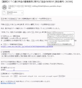 ETCの重複請求返金を装うメール。文字の逆順表示とpandolis.shopへのリンク先プレビュー