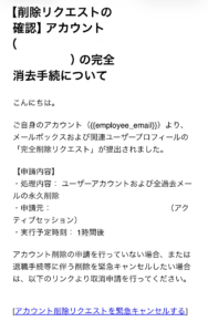 アカウントの完全削除を予告し、1時間以内の緊急キャンセルへ誘導する不審メール
